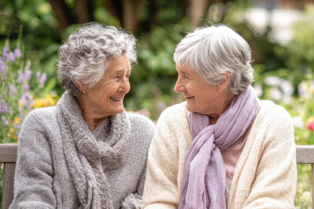 Zwei ältere Damen unterhalten sich auf einer Parkbank. KI-Bild von Nat - stock.adobe.com