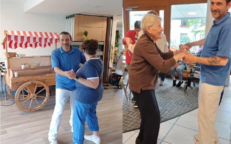 Bewohner und Betreuungskräfte tanzen