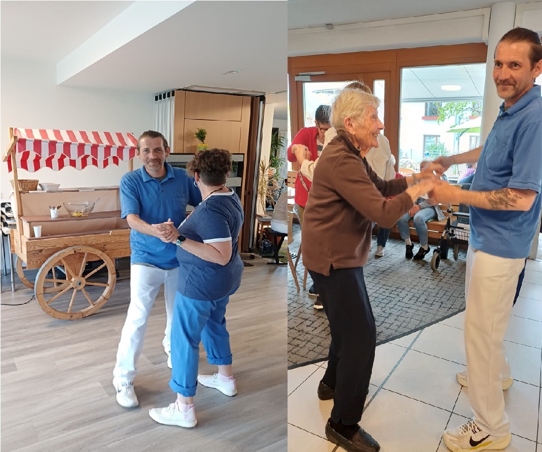 Bewohner und Betreuungskräfte tanzen